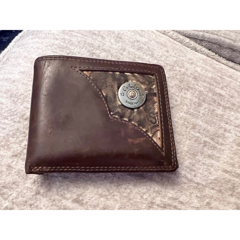 Vtg Cabelas Mens Brown Leather Bifold Wallet 12 Gauge Shotgun Shell Camo Inlay